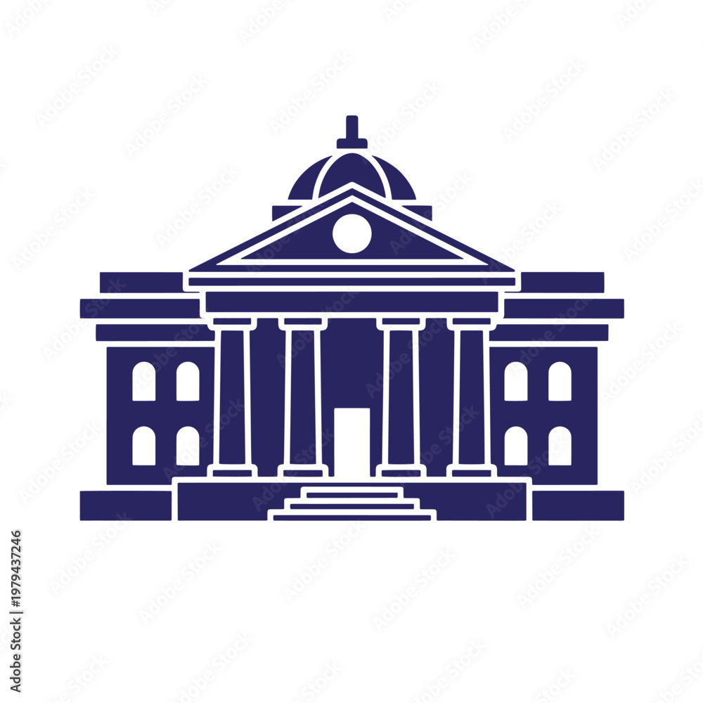 Obraz premium Navy blue of a classic building with columns and dome white outline