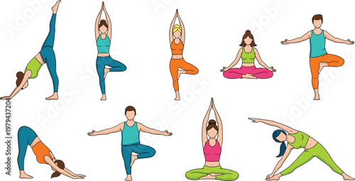 Yoga Poses Cartoon Vector Set with Men and Women Practicing Balance, Stretching and Meditation Exercises for Fitness, Wellness and Healthy Lifestyle Design