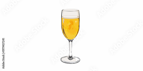 A digital illustration of a tall champagne flute filled with golden liquid