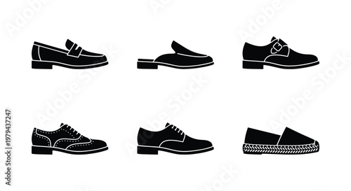 Classic men's footwear icons set, 6 black silhouette formal shoes including loafers and oxfords, elegant leather shoe vector illustrations for fashion retail
