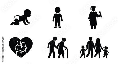 Human life cycle icons set, black silhouette people symbols representing aging and family stages, 6 vector elements for infographics