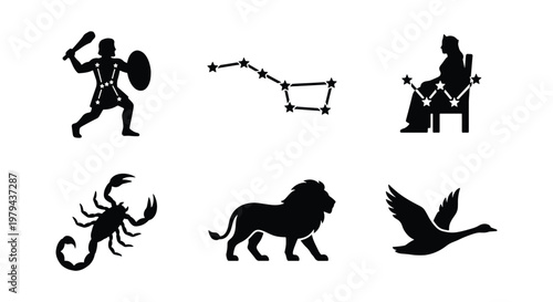 Celestial constellation icons set, black zodiac star signs and mythological figures, 6 astronomy vector silhouettes for astrology and space design