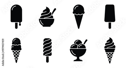 Minimalist ice cream icon set, black silhouette frozen dessert collection, 8 vector elements of popsicles and soft serve cones for menu design