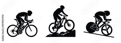 Cycling silhouette vector set, mountain bike and road cycling athletes, professional triathlete and cyclist icons, black minimalist sports graphics
