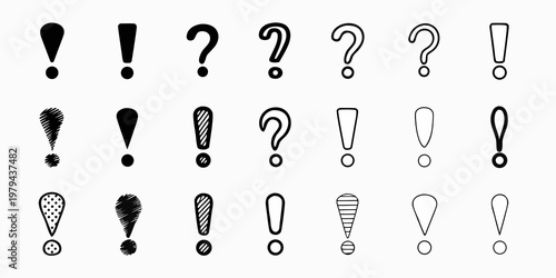 Collection of hand drawn question marks and exclamation points on white