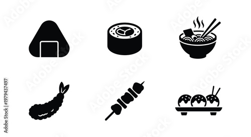 Japanese food icon set with 6 black vector elements, sushi and ramen bowl illustrations, traditional asian cuisine symbols for restaurant menus