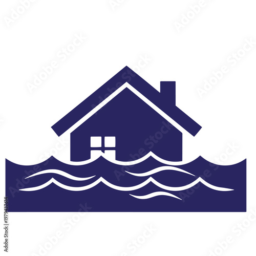 Dark blue of a house partially submerged in wavy water, representing flood damage, natural disaster, or rising sea levels, isolated on a white background