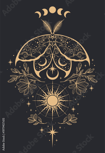 Mystic moth vector illustration. Magic moon, occult, print, poster.
