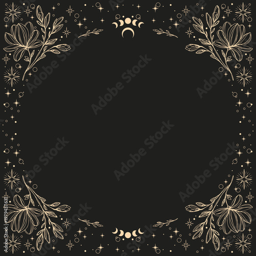 Magic vector frame with moon, stars and plants. Mystic frame for tarot, esoteric, astrology design. Template for poster and prints.