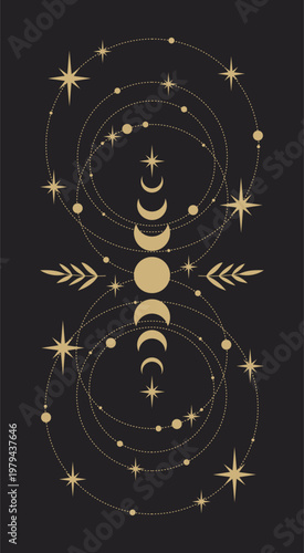 Mystical moon phase with plants and stars. For print for T-shirts and bags, decor element. 
