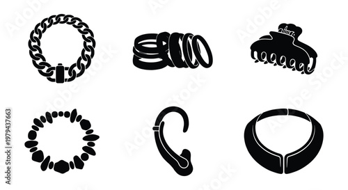 Black jewelry icons set, fashion accessories vector collection, minimalist jewelry silhouettes including necklace, bracelet, earrings and hair clip