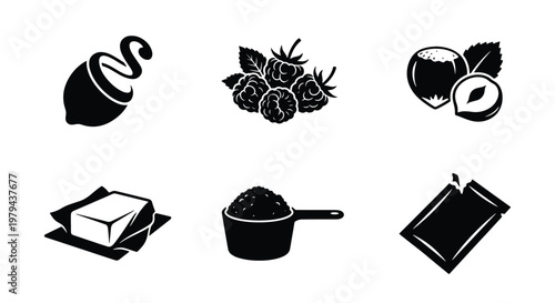 Black and white baking ingredients icon set, 6 vector elements for cooking and pastry, hazelnut and raspberry food symbols, butter and cocoa powder graphics