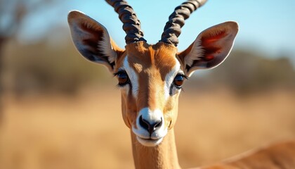 Gazelle gazelle portraits face close up in savanna landscape. Mammal with large eyes and curled horns looks directly at viewer. Wildlife animal portrait captures natural beauty.