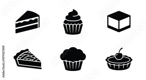 Minimalist bakery dessert icons set, black silhouette cake and cupcake vector illustrations, sweet pastry and tart collection for cafe menus