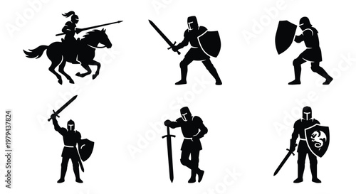 Medieval knight silhouettes collection, black armored warrior vector set with swords and shields, 6 ancient soldier icons for gaming and history