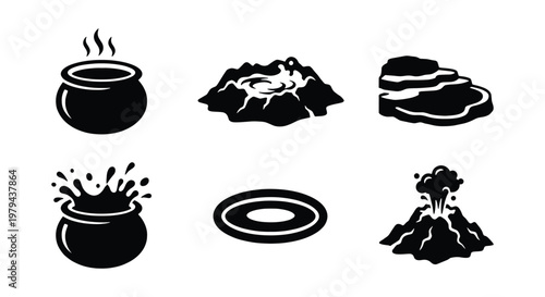 Black silhouette geothermal icons set, volcanic hot springs and boiling mud pots vector, 6 nature thermal activity elements for travel maps