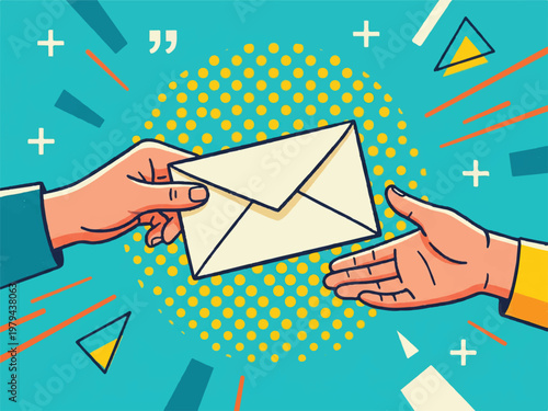 Two hands exchanging an envelope with various geometric shapes in the background  communication concept
