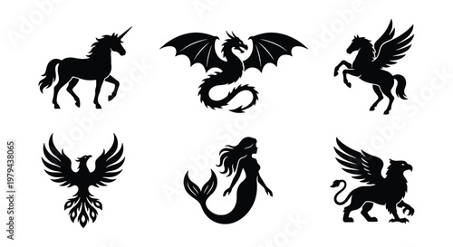 Mythical creatures silhouette set of 6 vector icons, fantasy animal silhouettes including dragon and unicorn, black heraldic monsters for logo design