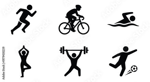Minimalist sports icon set with 6 vector silhouettes, black athletic activity symbols for fitness and competition, flat graphic icons for workout and training
