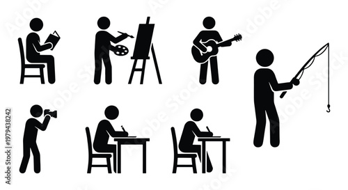 Hobby and leisure activities stick figure icons, 7 vector elements of people engaged in creative interests, black silhouette pictograms for lifestyle