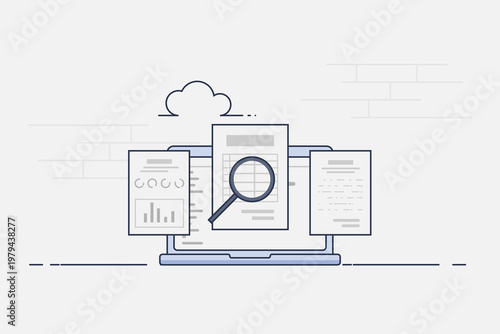 Business data analysis and seo research featuring computer monitor with growth graphs, search bar and magnifying glass.