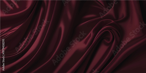 Luxurious red silk and satin fabric background featuring smooth flowing waves of soft textile material with an elegant curved texture design for a decorative backdrop