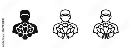 Florist delivery icon, person with bouquet of flowers