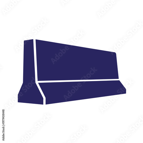 Dark blue silhouette of a concrete jersey barrier, a heavy road divider block shown in perspective on a white background