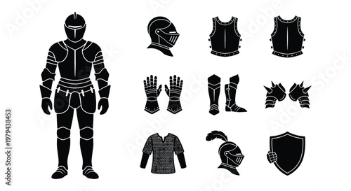 Medieval knight armor set, black silhouette warrior equipment icons, 10 vector elements including helmet, shield, and gauntlets for gaming and history