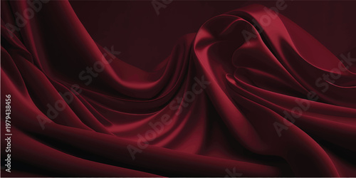 A smooth red silk and satin fabric background featuring flowing textile waves and soft material curves for an elegant backdrop design