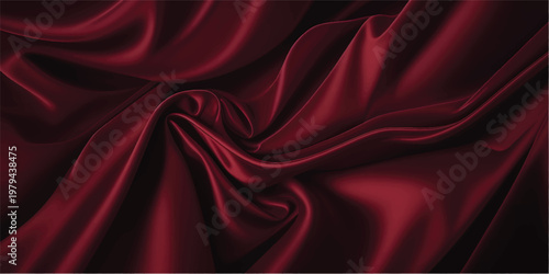 A smooth red silk and satin fabric background with elegant flowing curves and a shiny textile texture creates a luxury drapery backdrop