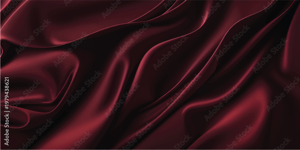 Fototapeta premium Elegant red silk and satin fabric texture featuring smooth flowing waves of luxurious drapery and shiny curves for a soft textile backdrop