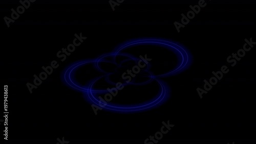 Abstract Blue Glowing Energy Rings on Black Background, Futuristic Plasma Light Circles, Neon Swirl Pattern, Digital Technology Background.