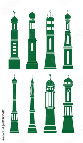 Set of eight green Islamic minaret silhouettes with detailed architectural