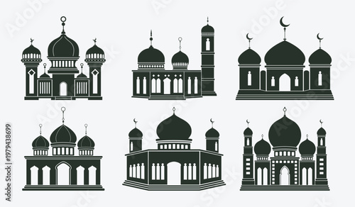 Six dark grey Islamic mosque silhouettes with domes and minarets on a light grey background