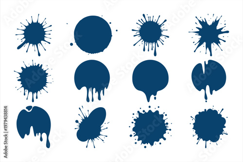 Twelve dark blue ink splatters and drips Keywords: ink splatter, paint drip, liquid splash, dark
