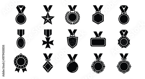 Black medal icon set with 15 award vector elements, achievement trophy symbols with ribbons, winner prize and military honor badges for UI design