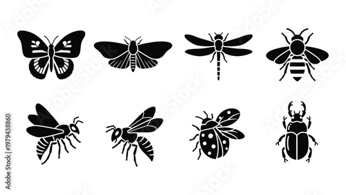 A collection of eight black silhouette insect icons including butterflies bees dragonflies and beetles arranged in two rows high quality professional