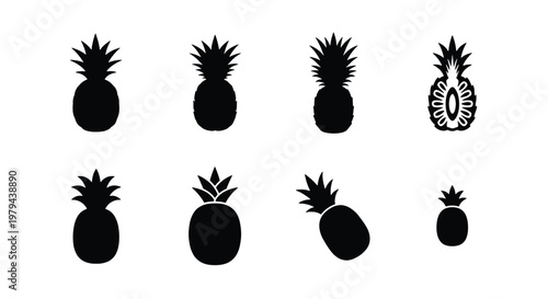 Minimalist pineapple silhouette icons, set of 8 black vector fruit shapes, tropical pineapple symbols for summer branding and food packaging design