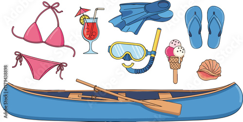 Summer Vacation Essentials Set with Bikini, Kayak, Ice Cream, Snorkel, and Flip Flops for Travel, Beach, and Holiday Designs