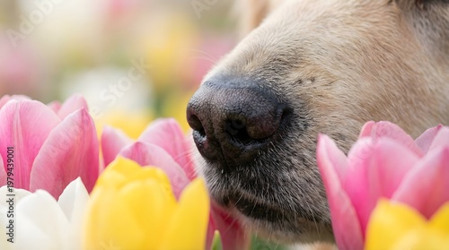 Close-Up Dog Nose Surrounded by Colorful Tulips, Cute Spring Pet Concept