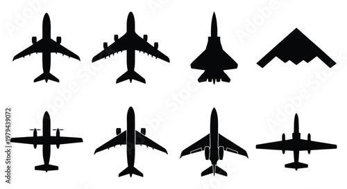 Airplane silhouette vector collection, 8 black aircraft icons including passenger jets and military planes, aviation transport symbols for travel design