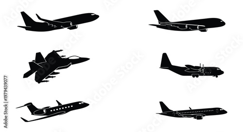 Airplane silhouette vector set, collection of 6 aircraft icons including commercial jet, fighter plane, and cargo transport, black aviation graphics