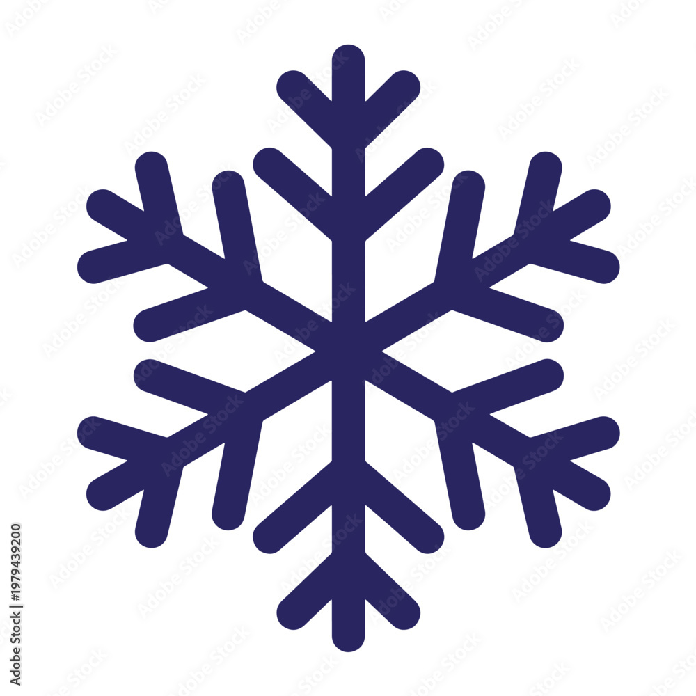 Obraz premium Dark blue, six-pointed snowflake with rounded edges, isolated on a white background, flat symbol for winter and christmas themes