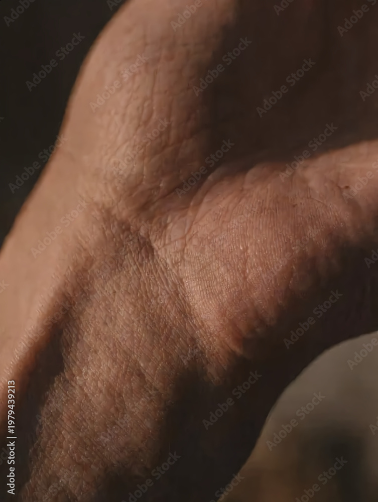 Fototapeta premium Extreme macro close-up of an elderly person's hand showing detailed skin texture, wrinkles, and pores, conceptual image of aging and human life story