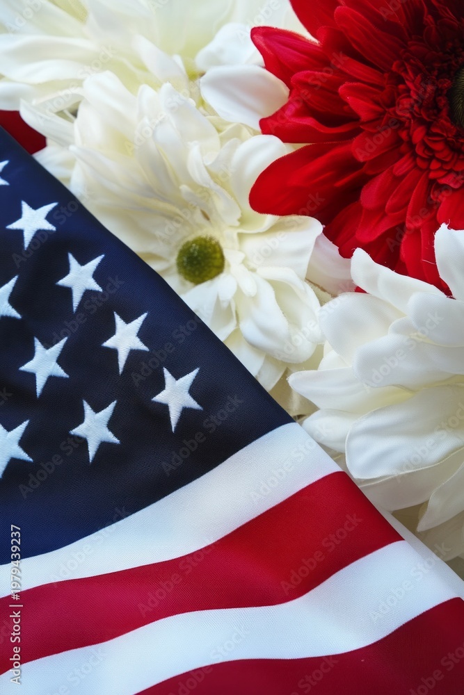 Obraz premium Memorial Day. American flag gently folded with red and white flowers arranged on top, featuring vibrant red gerbera daisies and white chrysanthemums against a soft background