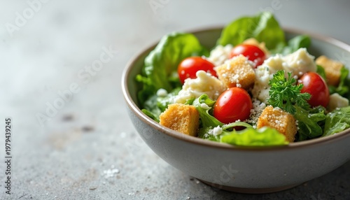 Bowl of Caesar salad with romaine lettuce, cherry tomatoes, croutons, parmesan cheese, and parsley. Fresh, green, creamy dressing, savoury dish, healthy meal, appetising appetizer, side order.