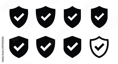 Security shield icons with check marks, set of 8 black vector protection symbols, verified safety and data privacy badges for web interface design