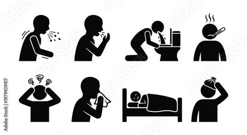 Sickness and flu symptoms icon set, 8 black stick figure vectors, medical illness signs including coughing, vomiting, fever, and headache