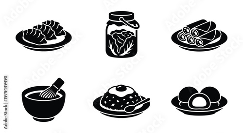 Asian food icon set with gyoza dumplings and kimchi jar, traditional Japanese and Korean cuisine vector elements, matcha tea and mochi dessert icons